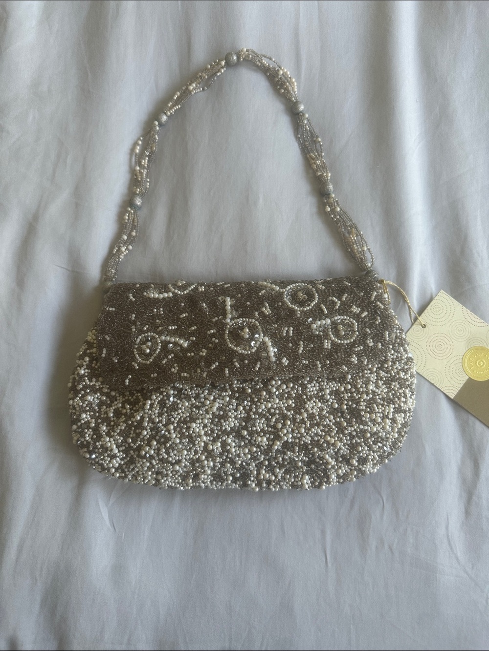 Pearl Beaded Evening Clutch Bag - Cream/Gold